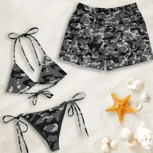 Grey Camo Matching Couple Swimwear Set, Sexy Black Gray Camouflage String Bikini & Mesh Swim Trunks, Perfect Gift for Beach Lovers P8Z