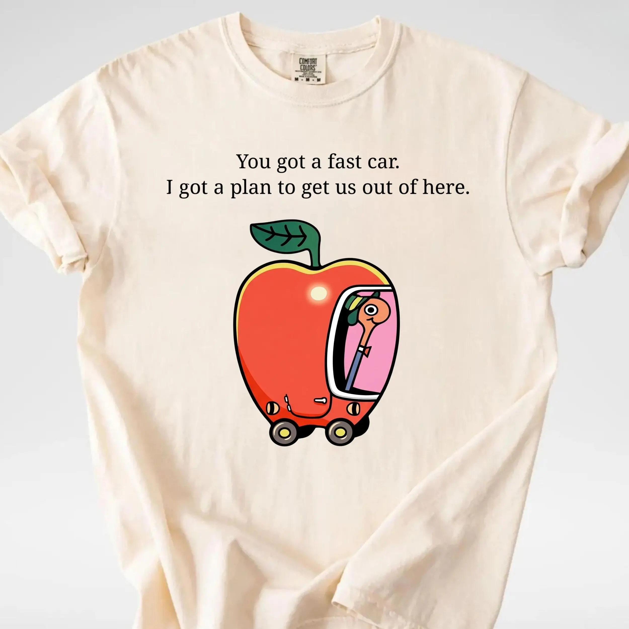 Comfort Colors Fast Car Apple Car Driving Y2k Graphic Tee, Tracy Chapman Quote Whimsical Escape Richard Scarry Unisex T-Shirt - Perfect Gift for Fans