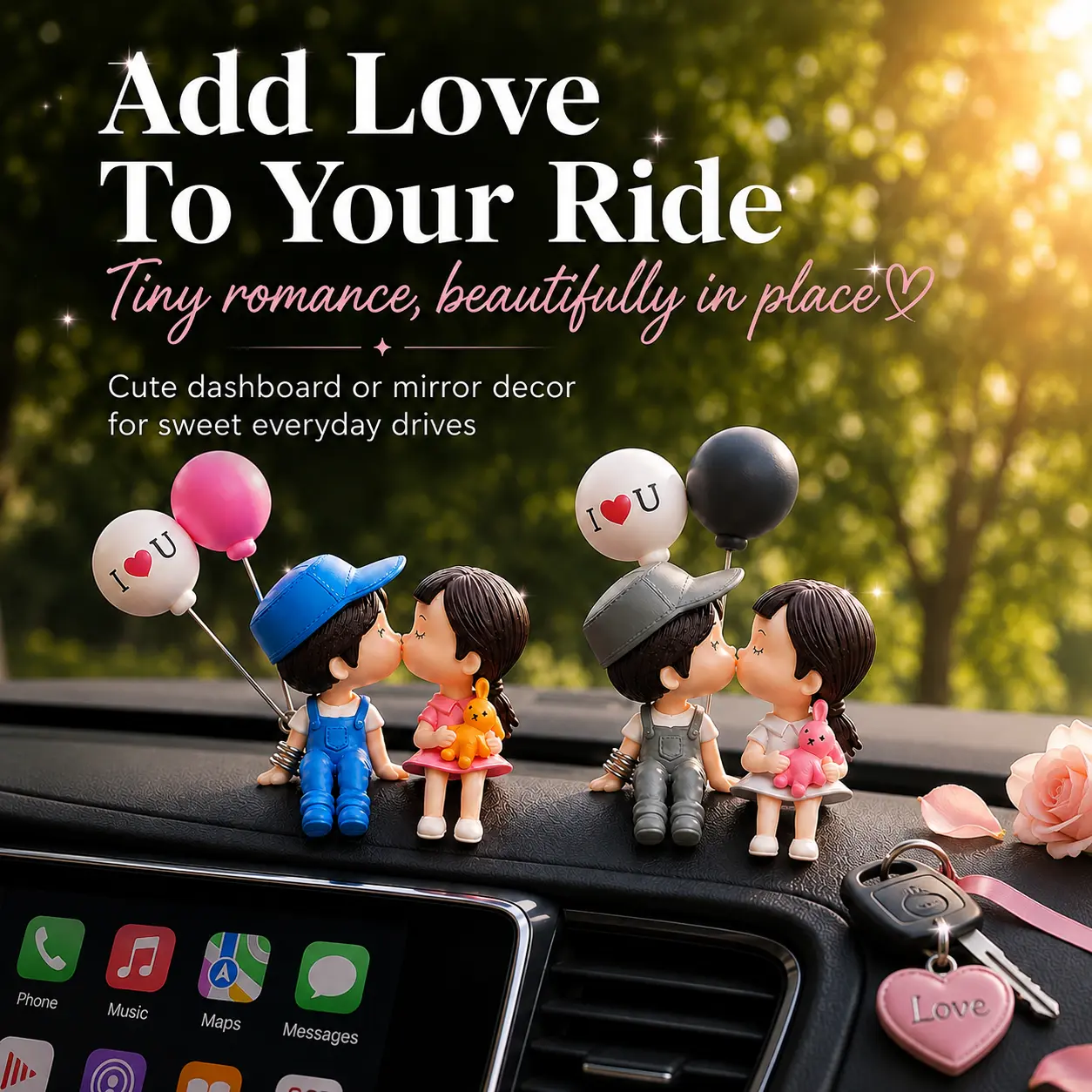 Cute Kissing Couple Car Dashboard Ornaments, Sweet Boy Girl Figurines Set with I Love You Balloon Decor, Romantic Interior Car Center Console Accessories for Women