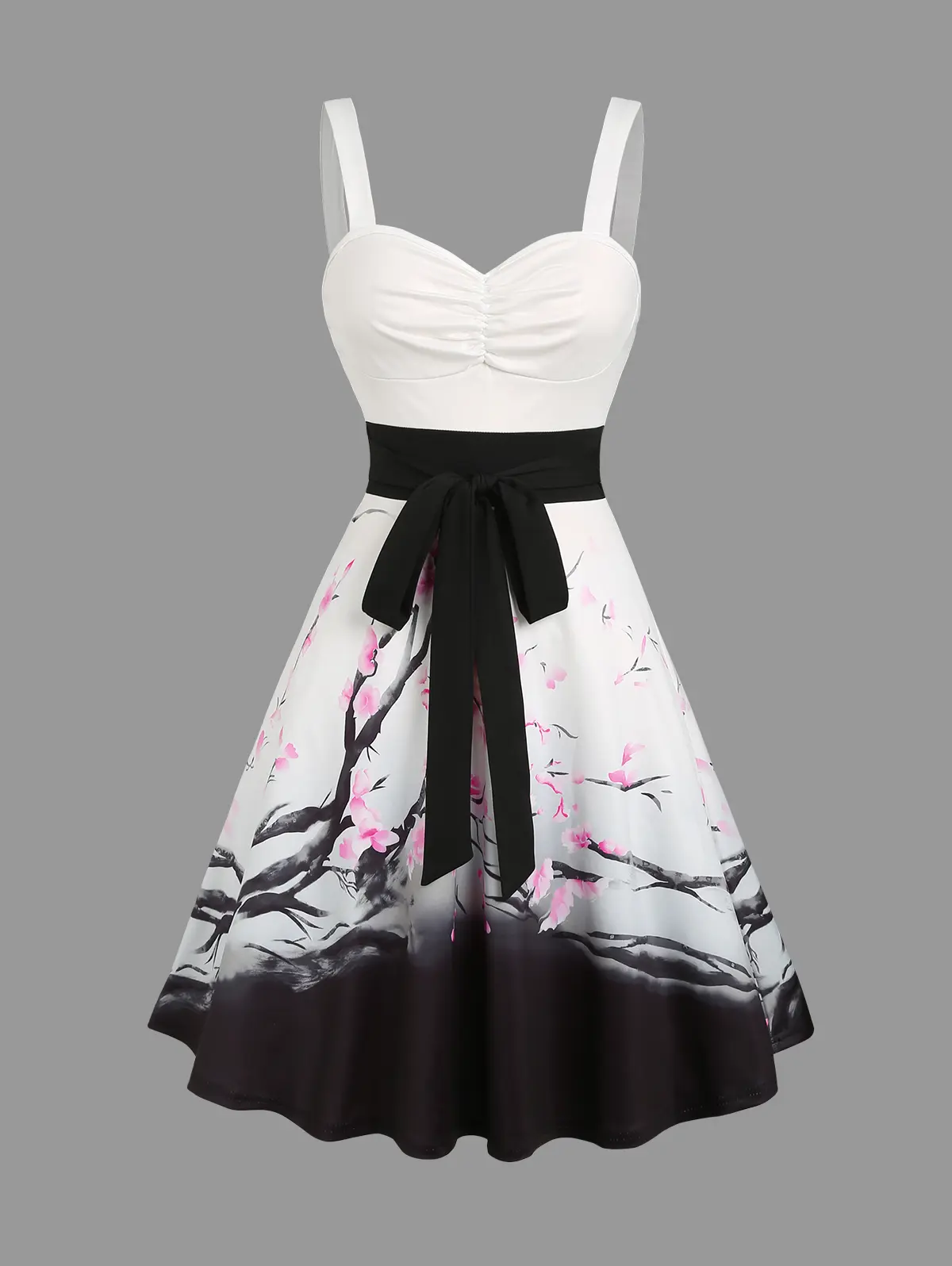 2025 Women's Sleeveless Vacation Dresses Sweetheart Neck Plum Blossom Ombre Print Ruched Bust Tank Belt Summer Dress