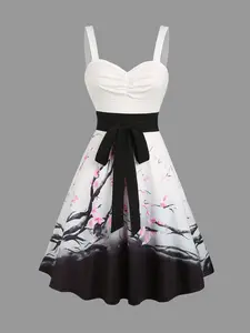 2025 Women's Sleeveless Vacation Dresses Sweetheart Neck Plum Blossom Ombre Print Ruched Bust Tank Belt Summer Dress