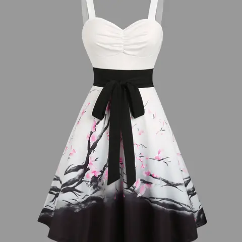 2025 Women's Sleeveless Vacation Dresses Sweetheart Neck Plum Blossom Ombre Print Ruched Bust Tank Belt Summer Dress