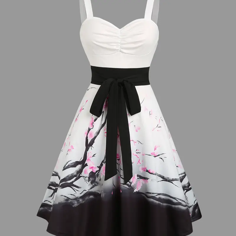 2025 Women's Sleeveless Vacation Dresses Sweetheart Neck Plum Blossom Ombre Print Ruched Bust Tank Belt Summer Dress