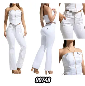 Set Colombian Jeans Color White whit Top and Rhinestone-Decorated Short Sleeve Blouse