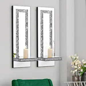 2pcs Wall Candle Holder Set, Shiny Mirrored Chandelier With Crystal Crushed Diamonds, Elegant Decorative Home Decor, Room Accessories, Perfect for Living Room & Bedroom Decoration