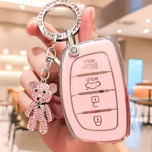 Modern Car Keychain Set with Water Drill Bear Charm, Soft Tpu Key Protection Case, Key Fob Protector, Fits Hyundai Ix35 Elantra Ix25 Sonata Gift