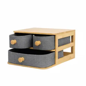 Bamboo Desk Organizer with 3 Drawers - Fabric Storage Box for Makeup, Jewelry, Office Supplies - Eco Friendly Wooden Organizer for Home & Office