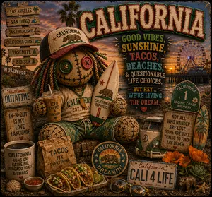 california themed voodoo doll magnet