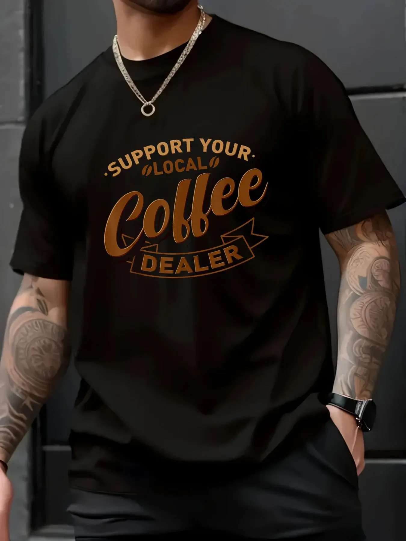 100% Cotton Unisex Coffee Barista Shop Funny Support Your Local Coffee Dealer T-Shirt - Soft 100% Cotton, Breathable, Casual Short Sleeve Top for Spring & Summer for T-Shirt Lovers, Men's Women's Shirt Top, Short Sleeve Tops Crewneck Tshirt
