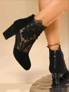 Women's Thick Sole Lace Boots, Casual Comfort High Heels, Back Zipper Closure, Breathable Mesh and Rubber Sole, Dance Shoes, Footwear