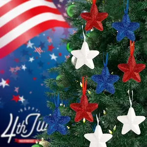 Memorial Day Tree Decorations, 4th of July Decorations Ornaments for Tree, 9pcs Red White Blue Decor Patriotic Ornaments 2.5 Inch Hanging Stars for Independence Day Veteran Day Home Decor