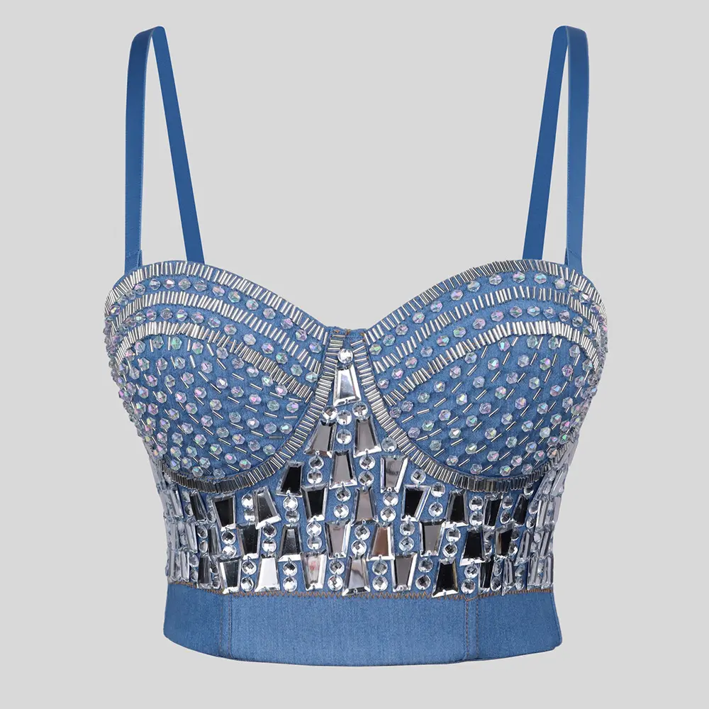 Women's High-Quality Denim Fish Bone Corset Tank Top - Handmade Stitched, Acrylic Drill Glisthen, Sleeveless Tube Top Bra, Geometric Design, Lady's Crop Vest Shaper for Wedding, Rave Summer Outfits, Glamorous Women's Tanks & Camis