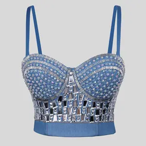 Tube Top Bra Blusas Short Handmade Stitched Acrylic Drill Glisthen High Quality Denim Fish Bone Corset Clothing Sling Wedding Party Blind Date Stage Party Shaper Ladies Crop Shirt Vest Sexy Summer Rave Outfits Woman Clothes Tank Tops