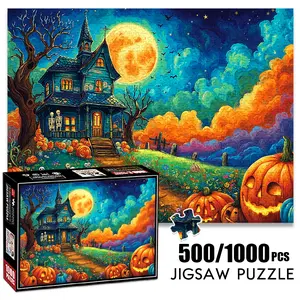 1pc 1000 piece adult puzzle Creative Family Puzzle 70x50cm Haunted House, Pumpkins, Skeleton under Full Moon500 pieces of paper jigsaw puzzle, suitable for adults and families, large-scale DIY puzzle interactive toy game Puzzle Art Art Puzzles Gift