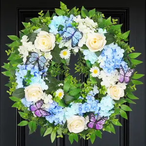 24" Blue Hydrangea Spring Summer Wreaths for Front Door & Butterfly Lights Timer White Floral Wreath Artificial Flowers for All Season Wall Window Farmhouse Home Decor Outside Indoor Decoration