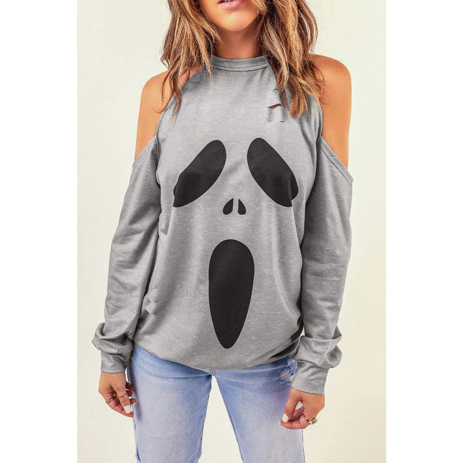 Round Neck Cold Shoulder Graphic Blouse