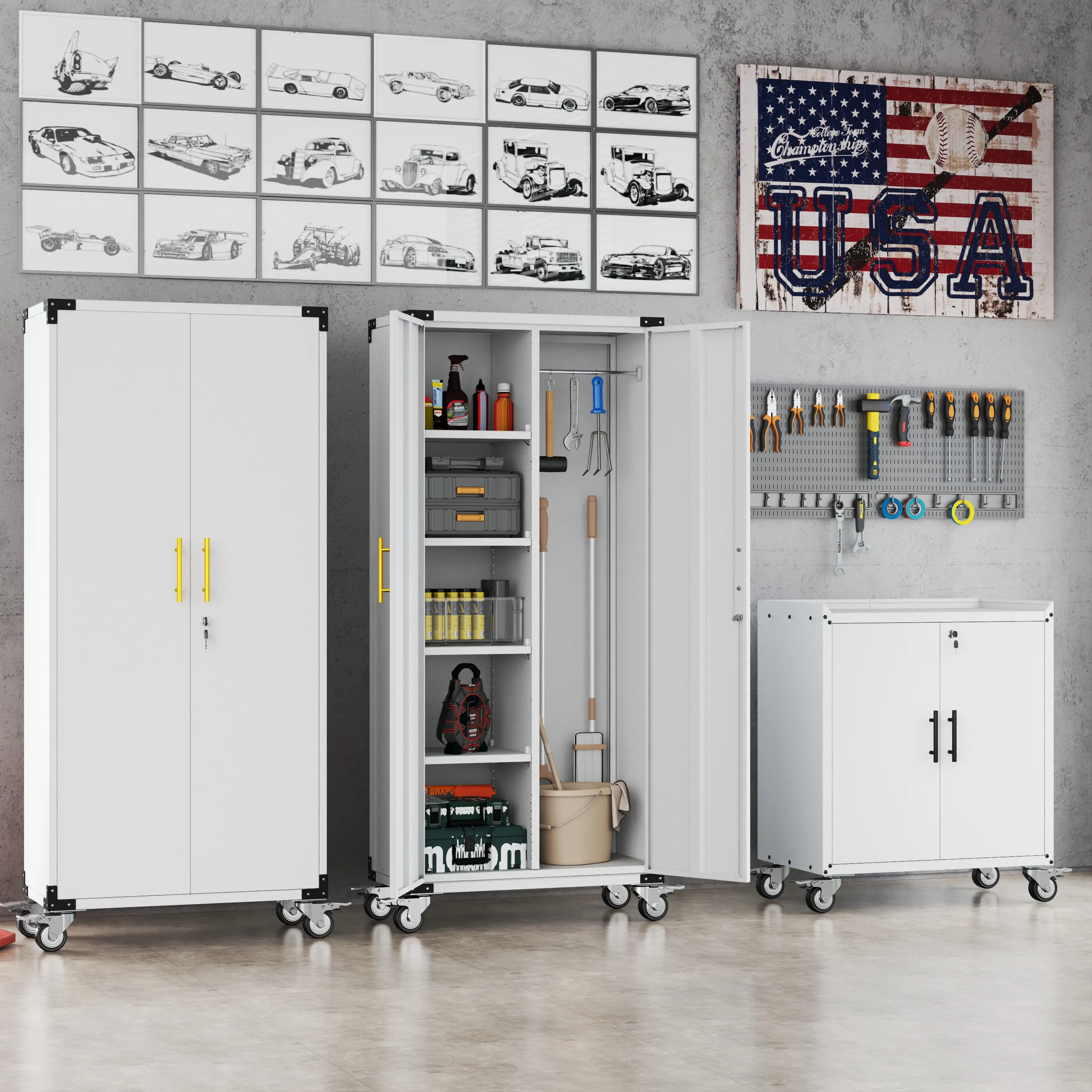 Metal Tool Lockers with Wheels, Storage Cabinets with Adjustable Shelves, 3 Models Available for Garage & Warehouse, Assembly Required