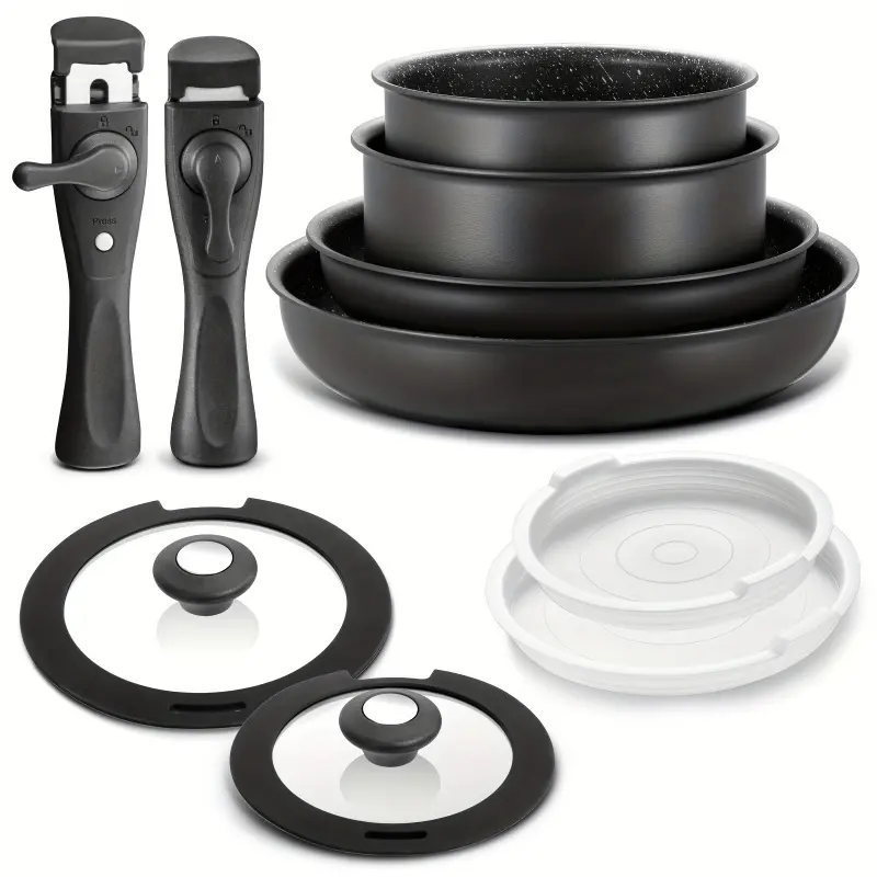 10PCS Magnetic Cookware Set, 13-piece set, non-stick pan and skillet set with detachable handles, suitable for all stoves, kitchen accessories, kitchen utensils, kitchen gadgets