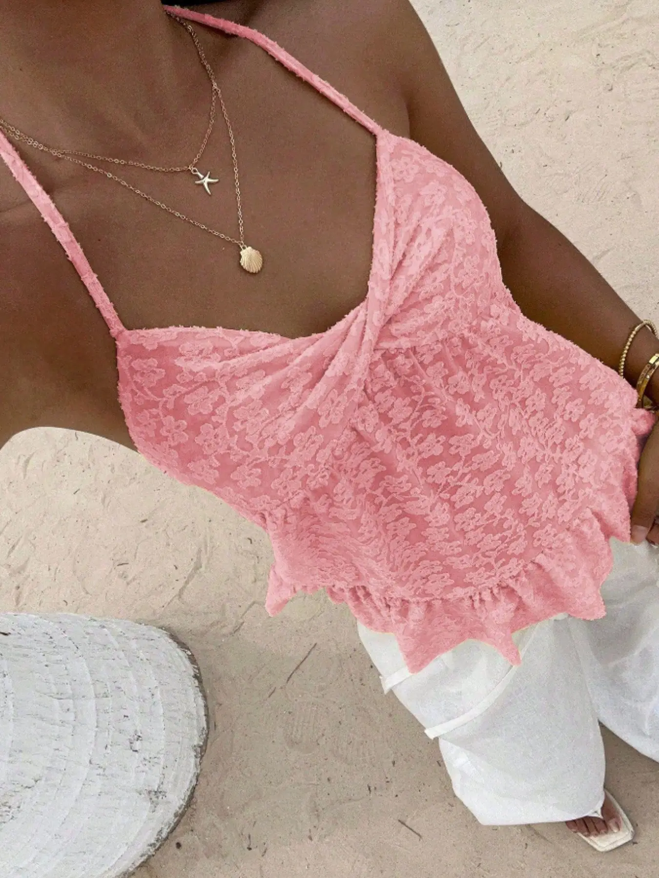 Lace Jacquard Twist Front Halter Camisole, Ruffle Hem V Neck Sleeveless, Casual Summer Going Out Beachwear Flowy Crop Top