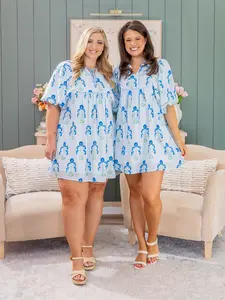 Floral Striped Print Tie Notched Neck Puff Sleeve Flared Dress | S-3X