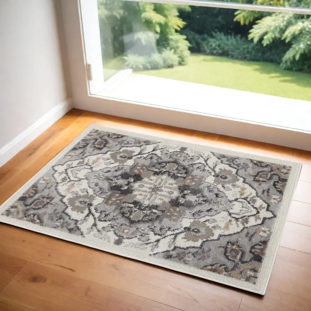212 MAIN 2x3 ft. Non-Slip Classical Floral Area Rug, Ivory Black & Gray, Powerloomed, Stain-Proof, Slip-Resistant Antislip Transitional Rug for High-Traffic Spaces, Slip-Resistant Area Rugs, Antislip Area Rugs