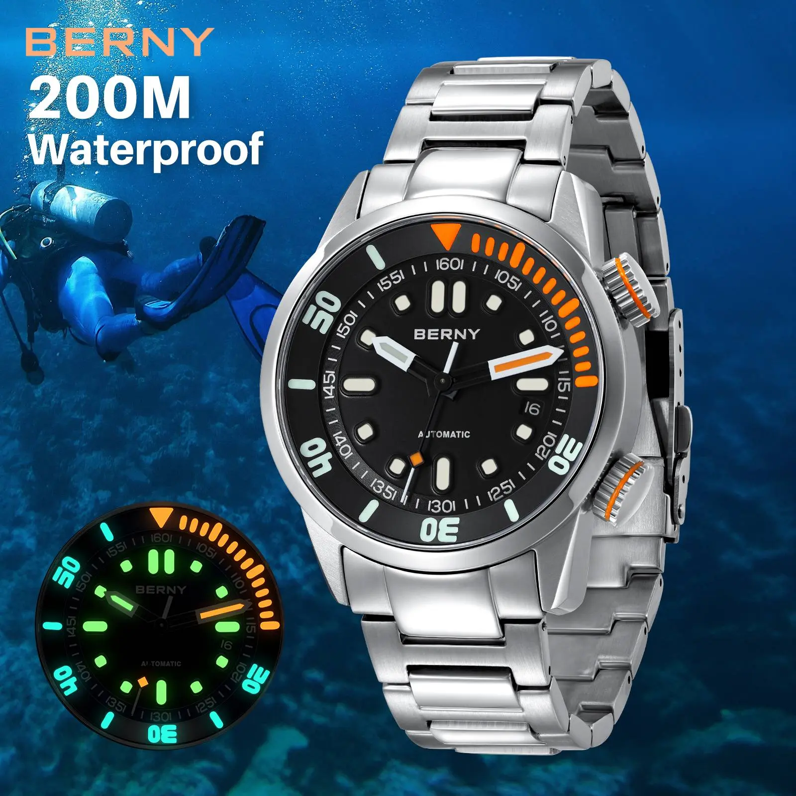 BERNY Automatic Watch for Men, High-Quality 200M Waterproof Diver Wristwatch, 316L Stainless Steel, Sapphire Glass, Sturdy Stainless Steel Band, Super Luminous Mechanical Men's Watch, Reloj de Hombre, Father's Day Gift, Summer Wins