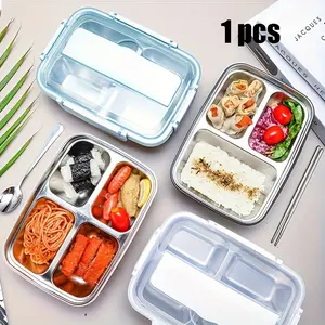 Stainless Steel Lunch Box, Leak-Proof Four Compartment Bento Box, Durable & Easy Clean, Includes Spoon & Chopsticks, Perfect for Students & Office Workers