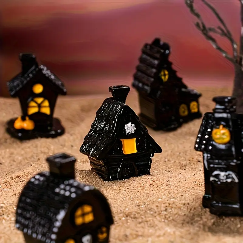 6-Piece Halloween Mini Haunted House Furniture Set - Resin Ornament Set Decorative Piece Decor Ornaments Spooky Horror Decorations for Parties, Miniature Gardens, and Room Decorations