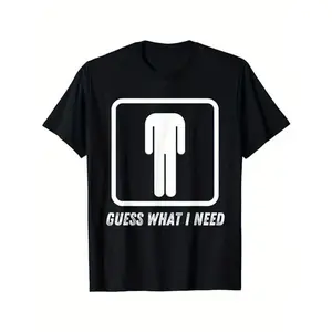 Men's Retro "Guess What I Need" Graphic Cotton Crew Neck T-Shirt - Short Sleeve, Black with White Text & Icon Design, Casual Casual Attire, Adult funny T-shirt, Gift for Woman and Man