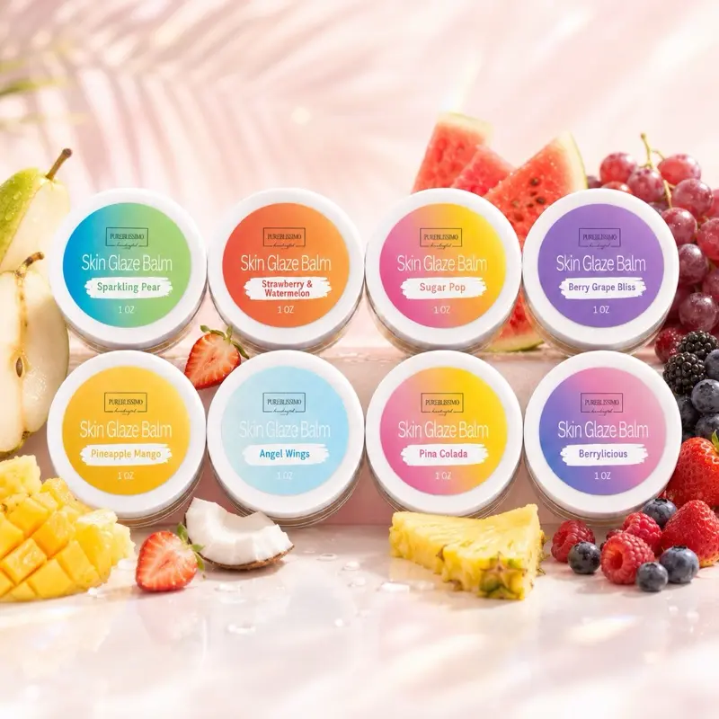 PureBellissimo 8 Fruity Skin Glaze Balms - Juicy Scents for Happy Skin Intense Hydration & Healthy Glow 8 Scents 1 Glowing You
