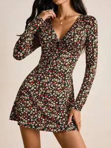 Women's Long Sleeve V-Neck Mini Dress, Fit, Ditsy Floral Pattern, Vintage Style, Fall Fashion, Bohemian Chic, Perfect for Commuting & Casual Wear, Casual Fashionable Dress, Boho, Womenswear