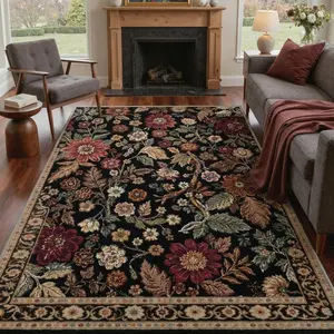 Area Rugs for Living Room Machine Washable, Non Slip Low Pile Soft Boho Floral Rugs, Daisy Flower Vintage Carpet for Bedroom Dining Room Office, Black/Burgundy-Multi