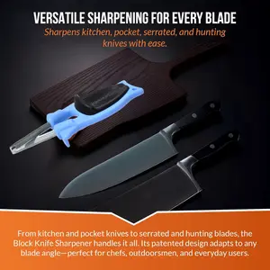 Blue Block knife sharpener with black nonslip grip.