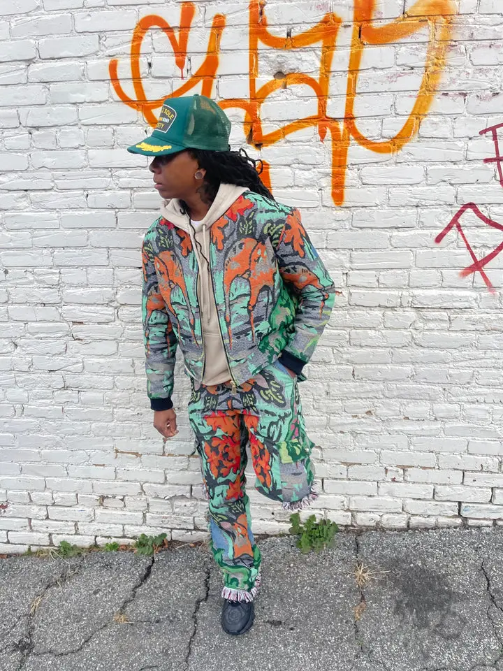 Men’s Keep Talk’n Graphic Green Tapestry Jacket - Sexy, Party-Ready, Bold Street Vibe, Silk Inside Lining