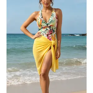 2026 New Women's Tropical Floral Halter One-Piece Swimsuit, Deep V-Neck Tummy Control Bathing Suit with Yellow Sarong Wrap Cover-Up, 2-Piece Set for Beach & Vacation,Summer Vibes