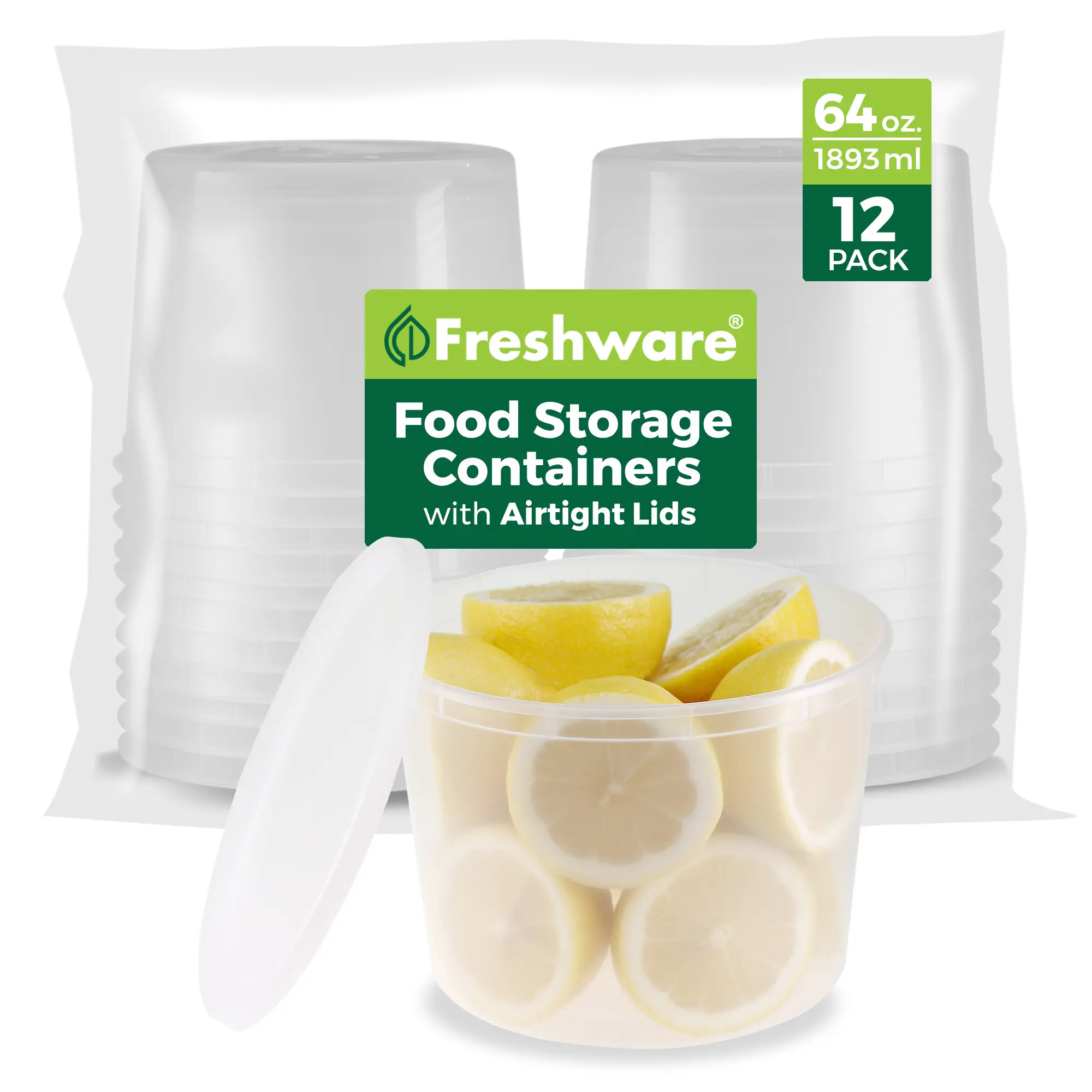 Freshware Deli Containers with Lids 64 oz 12 Pack, Round Half Gallon Plastic Food Storage Containers for Soup, BPA-Free, Microwave & Freezer Safe