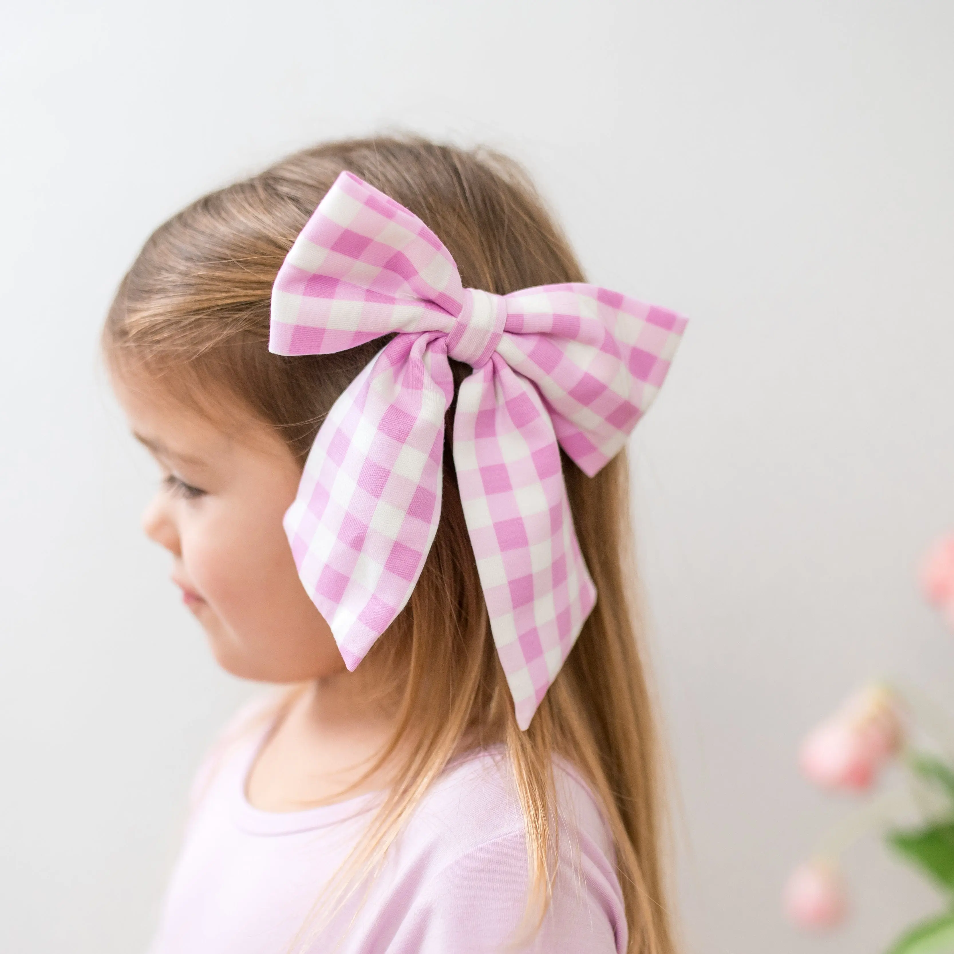 Large Alligator Clip Bow in Gingham Thistle