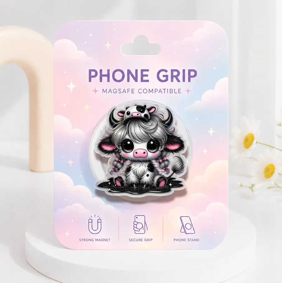 ATBG Kawaii Highland Cow MagSafe Phone Grip, Cute Animal Magnetic Phone Holder, Farmhouse Cow Acrylic Pop Socket, Pink Coquette Griptok, Gift for Cow Lovers