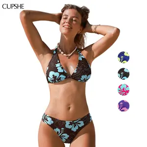 CUPSHE 【Valentine's Day】 Lime Blossom V-Neck Halter Bikini Set Swimsuit - Soft Cup Support & Low-Rise Cheeky Bottom | Retro Floral Cottage-Core Swimwear