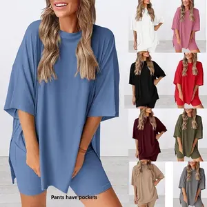 2026 spring and summer new European and American casual and comfortable going out solid color round neck short sleeves shorts pocket set outdoor sports women's clothing yoga swimming camping shopping baby sweatsuit