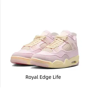 Retro Mid-Top Athletic Shoes in Light Purple Suede and Mesh Upper with Off-White Support Wings, Yellowed Midsole, and Visible Air Unit