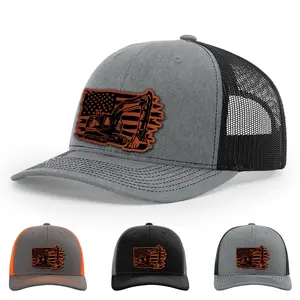 Excavator Clipart Flag, Excavator American Flag Hat, 112 Style Trucker Leather Patch Hat