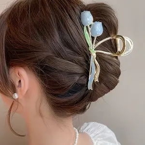 2pc Tulip Hair Claw Clips, Metal Shark Clips, High-end Style for Girls, Large Size for Thick Hair, Suitable for Daily Use