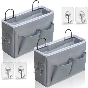 2pcs Middle Wall Hanging Organizer Bag, Linen Fabric Door Hanging Storage Basket with Pockets, Waterproof Bin for Kitchen, Bedroom, Office, RV Camper (Gray)