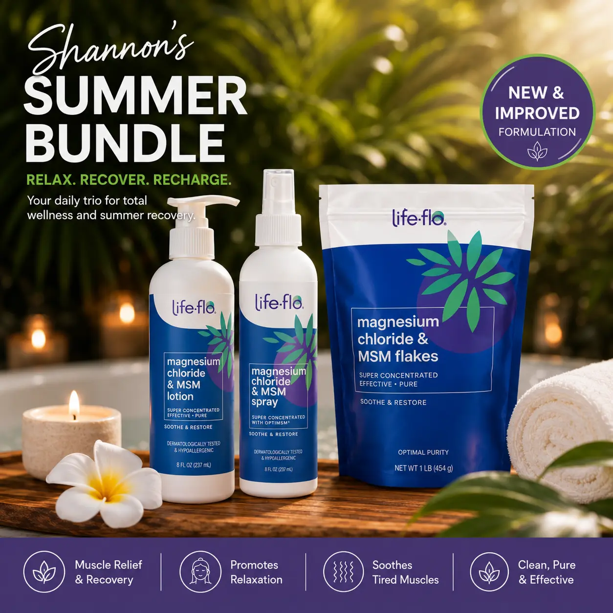 Shannon's Summer Bundle – Magnesium Chloride & MSM Lotion + MSM Spray + MSM Bath Flakes – Daily Magnesium Ritual Stack