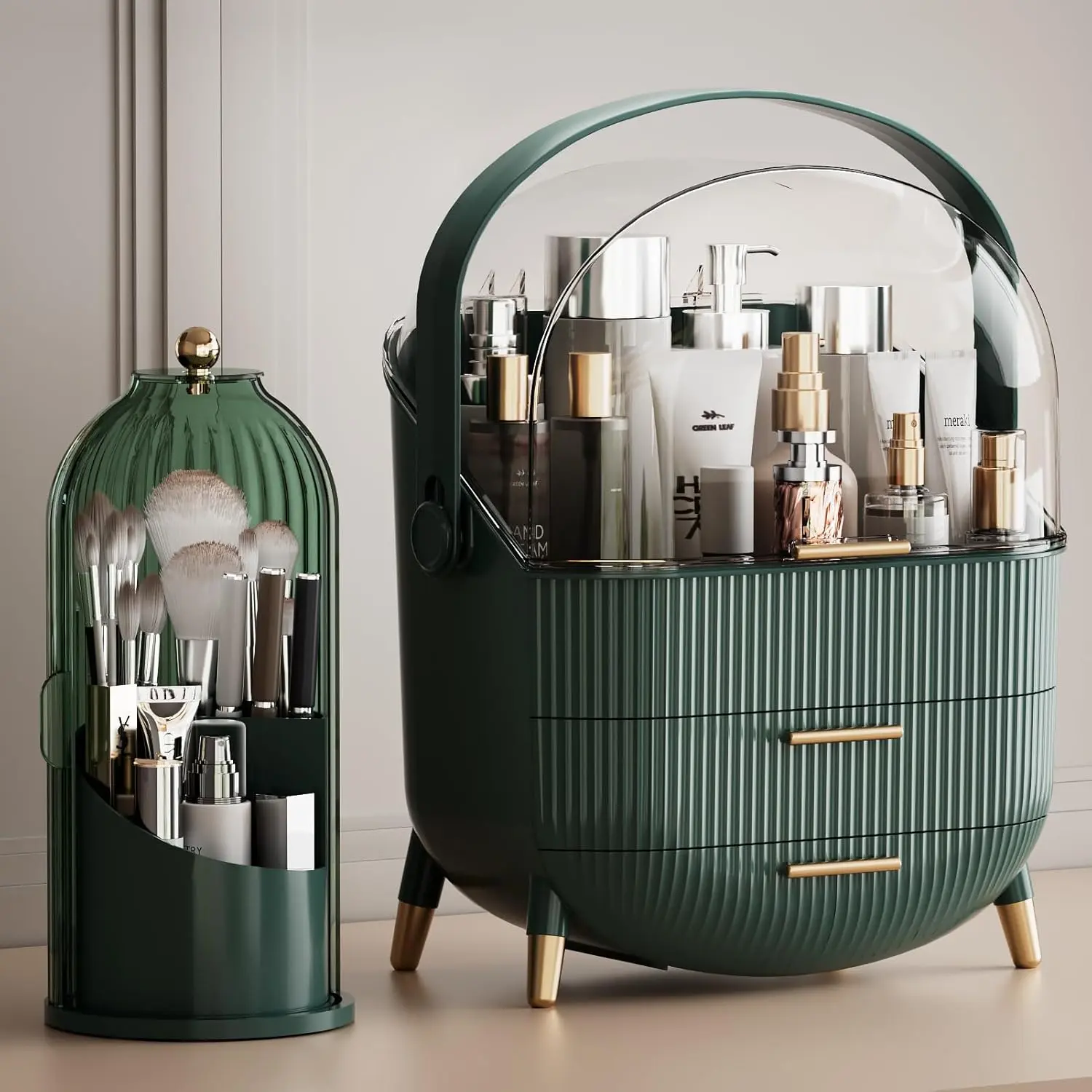 Makeup Organizers Countertop, Makeup organization for Vanity,  Storage with Lid and Drawers, Skincare Display Cases with for Desktop, Bathroom (Green)