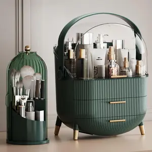 Makeup Organizers Countertop, Makeup organization for Vanity,  Storage with Lid and Drawers, Skincare Display Cases with for Desktop, Bathroom (Green)