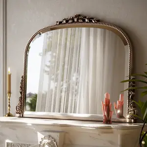 Vintage Wall Mirror for Decor, 32" X 44" Large Arched Makeup Mirror with Carved Top, Decorative Arch Bathroom Mirror, Fireplace Mirror, Baroque Style Wall Mounted Mirror for Living Room, Entryway, Powder Room