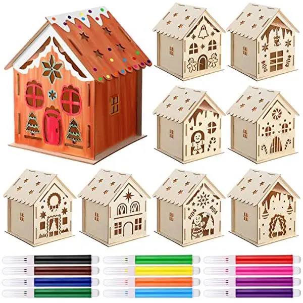 Wooden Christmas Gingerbread Houses for Craft DIY to Paint, Wood Houses Kit to Build with Watercolor Pens for Christmas Tree Ornaments for Xmas Winter Table Centerpieces Party Decor Crafts