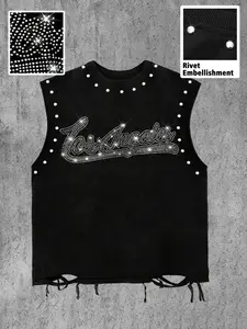 Men's Classic Ripped Sleeveless Vest, Los Angeles Letter Rhinestone & Rivet Design, Loose Fit, Casual Long Top, Daily Wear, Street Style